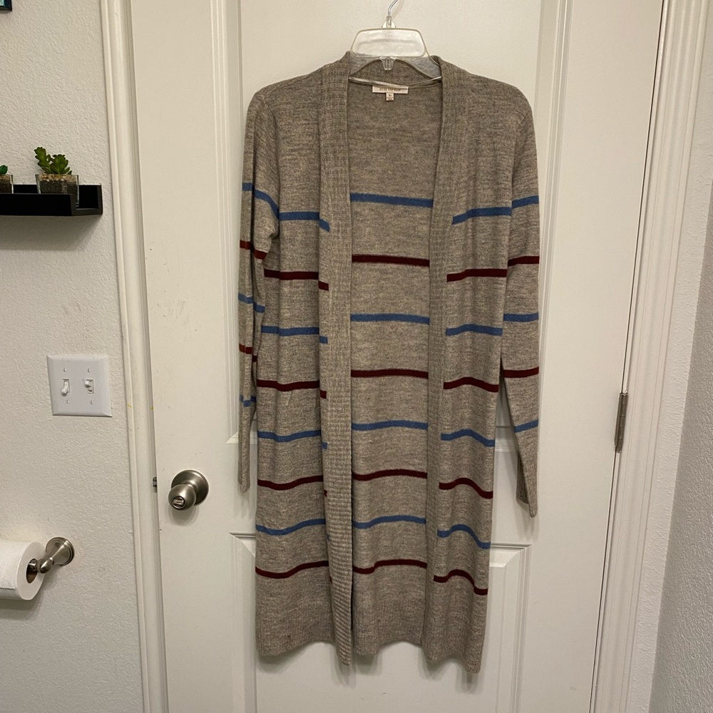 Long duster length stripe red and blue cardigan
